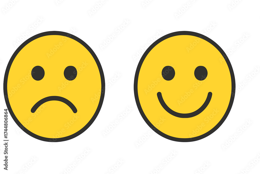 Fototapeta premium Vector illustration of facial expressions sad and happy emoticons, set of yellow smiley faces with transparent background, positive and negative emotions, mood concepts, emotive icons