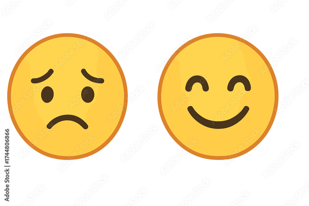 Fototapeta premium Vector illustration of sad and happy emoticon facial expressions. Set of yellow emotion emojis, transparent background. Mood, feelings, psychology, positive and negative emotions.