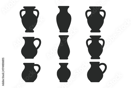 Silhouette vase vector icons set. Amphora and jug collection illustration, transparent background, classic pottery shapes, jug handles, ornamental pottery set, ancient vessel symbols