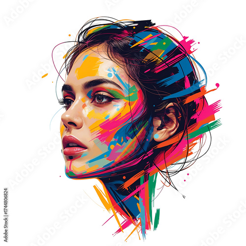 Woman's face with vibrant abstract paint strokes and colorful makeup isolated on a transparent background