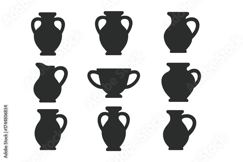 Antique Vase and Amphora Icon Set, Jug Collection Silhouettes, Classic Ceramic Pitchers and Urns, Vector Illustration with Transparent Background, Pottery Decoration Designs