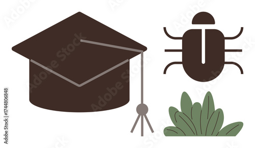 Graduation cap, beetle, and green plants emphasize education, knowledge, biodiversity, and environmental awareness. Ideal for sustainability, ecology, achievements forestry science academic growth