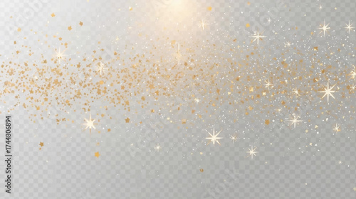 Golden glitter particles float across a transparent background, creating a sparkling and magical effect, perfect for festive designs and celebrations.