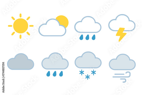 Weather vector icons set with transparent background, including sun, clouds, rain, snow, lightning, wind, and various weather conditions symbols, simple design