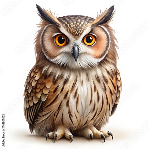 Adorable fluffy owl with big orange eyes on white background