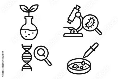 Science and biology vector icons set with microscope, DNA, petri dish, and plant in flask. Black outline laboratory research symbols, microbiology and genetics science illustration collection