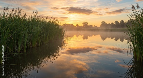 Serene sunrise over misty marshland with golden sky reflecting on calm water and lush reeds creating tranquil natural beauty