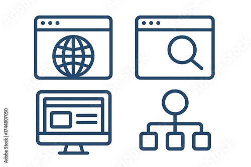 Vector set of web and internet icons with globe, search, computer screen, and sitemap symbols, line art transparent background, technology and digital network concept
