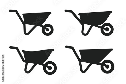 Wheelbarrow icon vector set with transparent background, garden construction tool illustration, simple black silhouette, gardening, building equipment collection, heavy duty cart symbols