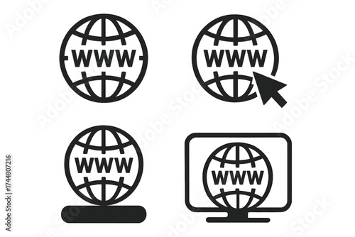 Internet connection icon vector set, www globe symbol flat design, digital network, web access sign collection with transparent background for technology and online illustration