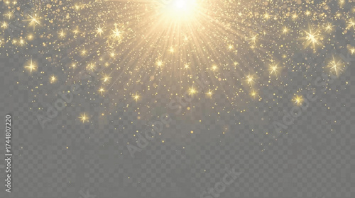 Golden light bursts forth, illuminating a space with radiant particles, creating a magical, ethereal atmosphere perfect for backgrounds and artistic designs.