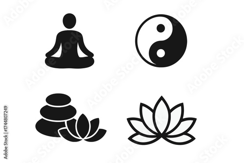 Zen health and wellness icons set. Yoga meditation, balance, harmony symbols. Spa, mindfulness, relaxation, peace, chakra, lotus, yin yang vector illustration collection, transparent background