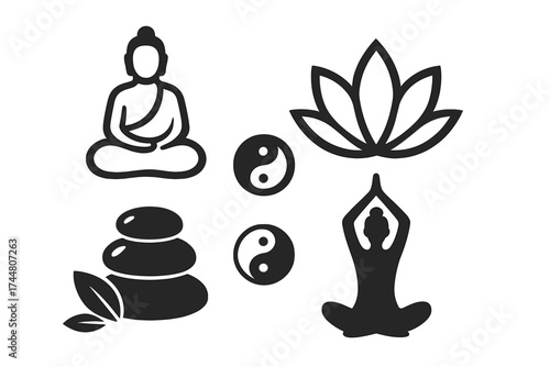 Zen health and wellness spa icons set featuring balance, harmony, yoga, meditation, lotus flower, yin yang symbols, stacked stones, and peaceful mindfulness illustration in black vector