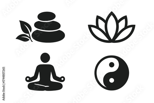 Zen health and wellness spa icons set with balance harmony yoga symbols including stacked stones with leaves, lotus flower, meditation pose, and yin yang vector illustration