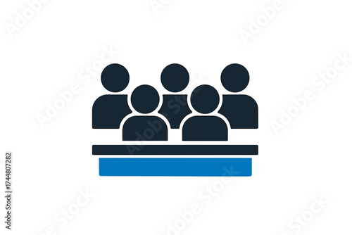 Jury group committee icon, jurors panel symbol on white and blue background, vector illustration of legal jury members, courtroom democratic decision making, transparent background