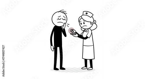 Concerned Nurse Attending to Injured Stickman Patient with Bleeding Arm in Black and White Cartoon Style Medical Illustration Isolated on White Background Featuring Compassionate Care and Health