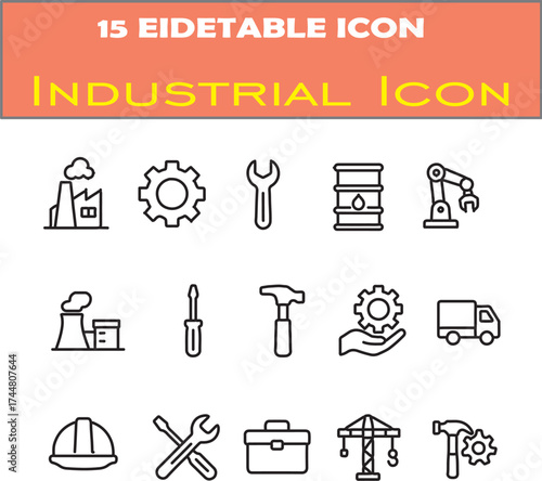 A Set of Fifteen Minimal Black Line Icons Depicting Factories, Tools, Gears, and Construction Equipment on a Clean White Background, Representing Modern Engineering.