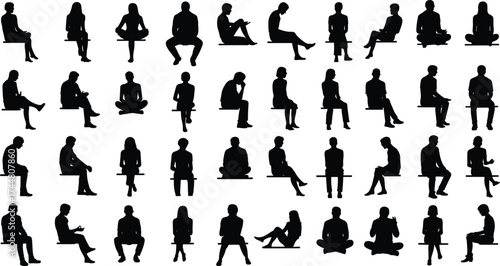 Seated human silhouette vector set, diverse sitting poses, ergonomic posture icons, body language illustration, character design clipart, seated figure collection, black silhouette grid