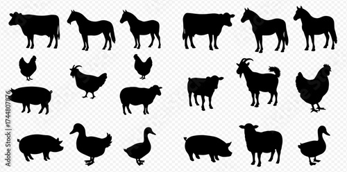 A collection of black silhouettes of various farm animals, including cows, horses, pigs, sheep, goats, and poultry, on a transparent background.