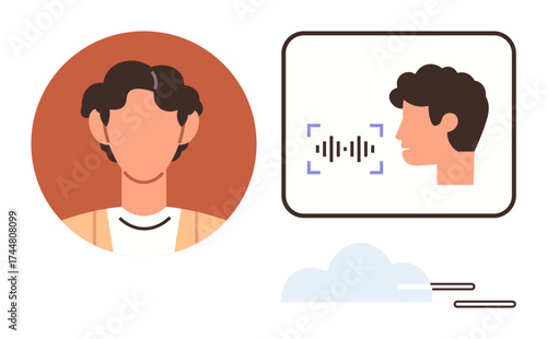 User face next to visual audio input display and profile icon. Ideal for technology, speech, identity, user interface, AI integration, communication, and digital security. Simple flat metaphor