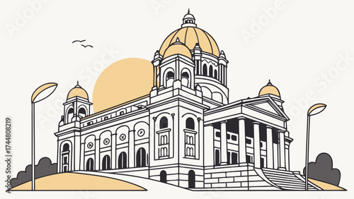 A grand neoclassical building with a prominent golden dome, flanked by smaller domes and featuring a classical portico with columns.