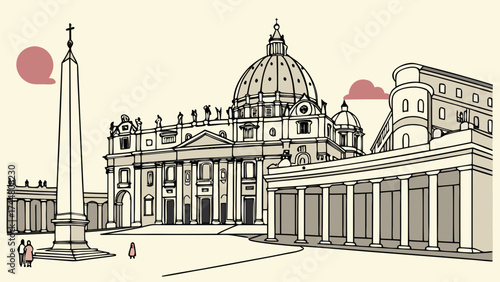 Illustrated view of St. Peter's Basilica and Square in Vatican City, featuring the iconic dome, obelisk, and colonnades in a minimalist line art style.