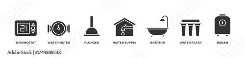 HydroHeat Icons set vector illustration glyph with THERMOSTAT, WATER METER, PLUNGER, WATER SUPPLY, BATHTUB, WATER FILTER, BOILER