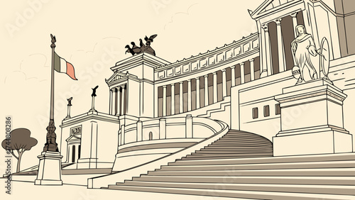 An artistic illustration of the imposing Vittoriano monument in Rome, Italy, featuring grand stairs and the Italian flag.