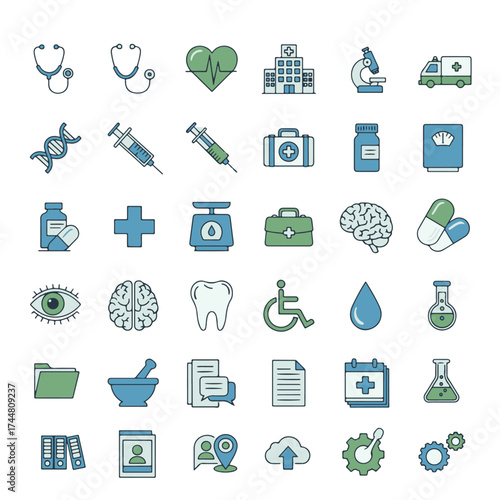 Set of 30 Quality Icons, Health Care and Medical Vector Illustration.
