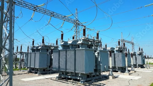 High Voltage Substation with Power Transformers and Transmission Lines