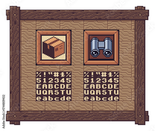 Pixel art game interface window featuring wooden frames, icons, and text, designed for retro RPG or adventure games.