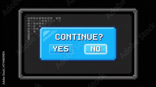 Pixelated 'Continue?' Prompt Animation with 'Yes' and 'No' Options in a Retro Style Interface