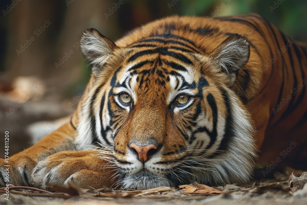 Fototapeta premium Majestic Malayan tiger resting quietly among the lush greenery of the forest during the golden light of early morning