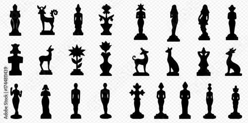 A diverse collection of black silhouettes representing ancient statues, idols, and artifacts from antiquity on a transparent background.