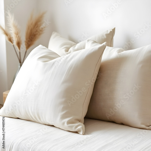 Neutral pillows on a sofa with pampas grass decor.