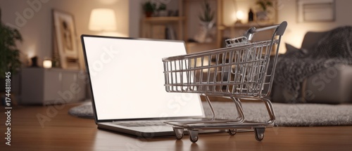 The Shopping Cart on Laptop Screen Representing Online Shopping and E-commerce at Home