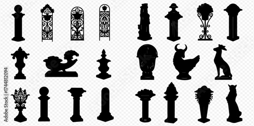A diverse collection of black silhouettes featuring architectural columns, ornate finials, decorative panels, and various animal figures.