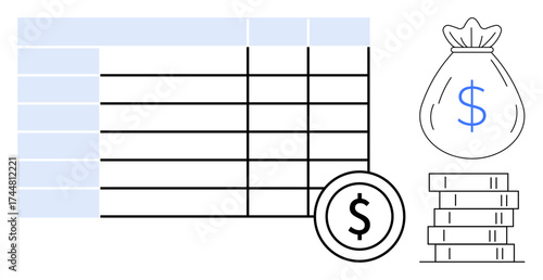 Spreadsheet table alongside a dollar money bag, coin, and stacked currency. Ideal for budgeting, accounting, income, expense management, financial planning investment savings. Clean simple flat