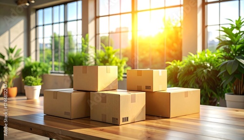 Cajas de cartón sobre mesa de madera con luz de atardecer en oficina moderna con plantas