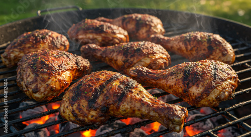 Spicy jerk chicken drumsticks and thighs cooking on a charcoal grill with visible flames and smoke. Concept of BBQ.