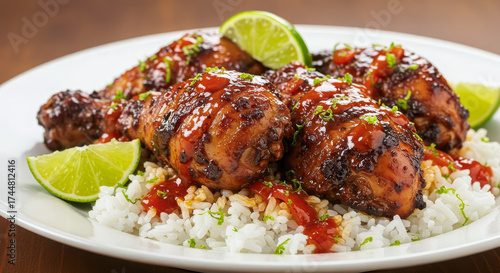 Close-up of spicy jerk chicken drumsticks glazed in sauce, served over rice with lime wedges, concept of Jamaican and Caribbean food.