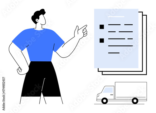 Man pointing at a checklist symbolizes task management. Delivery truck represents transport, shipping, or logistics. Ideal for planning, organization, efficiency, workflows, scheduling delivery