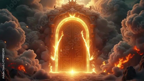 A majestic golden gate glowing with radiant light, surrounded by dramatic clouds and fiery energy, representing a mythical or heavenly portal in a fantasy world.