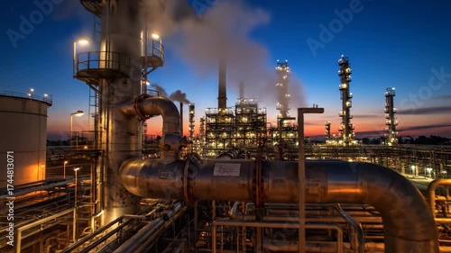 Industrial Oil Refinery at Dusk with Smoke and Silhouetted Structures