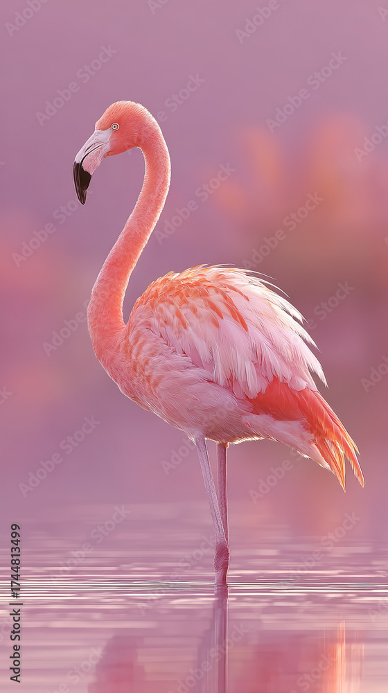 Fototapeta premium Flamingo bird pink standing lagoon reflection water elegant nature wildlife grace