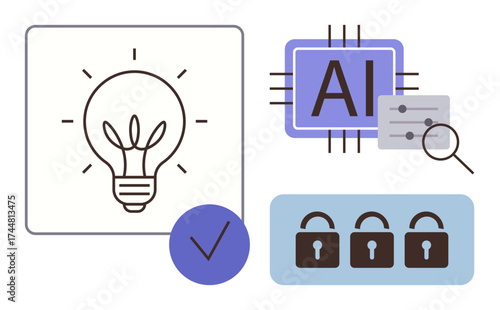 Light bulb, AI processor, settings with magnifier, checklist, and padlocks emphasize technology, security, optimization, creativity data protection and innovative thinking. Ideal for AI innovation