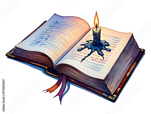 Open Spell Book with a Dripping Wax Candle and Magical Inscriptions