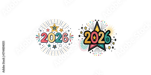 Print   Creative “2026” number design – festive new year typography with star and burst elements, black outline vector