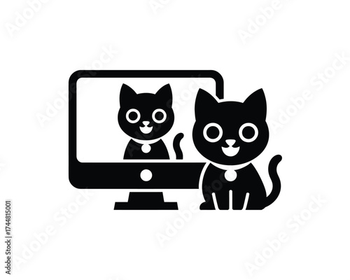 Cat icon with computer representing technology and online connectivity, pet communication
