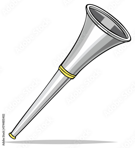 Stylized metal vuvuzela for cheering sports games, noise horn with grey sheen and golden accents, party celebration sound maker